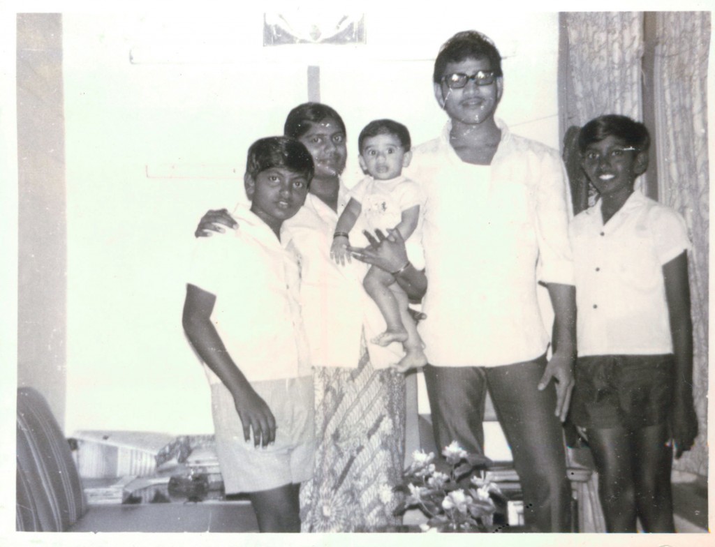 A photograph of Mdm Saraswathi, her husband, first son and her two brother in her husband's quarters. Photo credit: Mdm Saraswathi