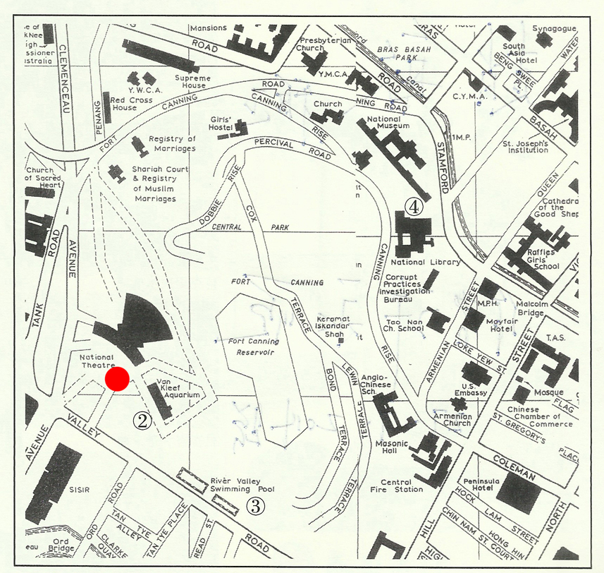 The red dot marks the site where the National Theatre used to be in an early map from the Singapore Directory published in 1976. From "Our Collective Memory", a book written by Mr Koh Eng Soon